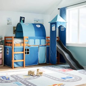 vidaXL Cama alta para criança com torre 90x200 cm pinho maciço azul