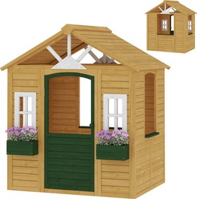 Casa de brincar infantil de exterior em madeira 134,5 x 97 x 150 cm, casinha infantil de exterior com porta, janelas, 2 floreiras, castanha