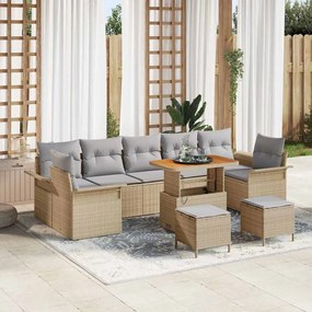 Conjunto de Sofá de Jardim vidaXL 10 Peças com Almofadas Bege Rattan Poliéster Acácia