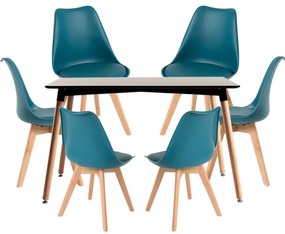 Conjunto Mesa Retangular 120 x 80 cm Preta e 6 Cadeiras Nórdicas Synk - Verde-azulado