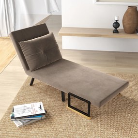 Poltrona convertível 4 em 1, cama individual, encosto com 5 posições, braços em madeira com almofada, tecido com efeito de veludo, castanho