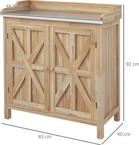 Mesa jardinagem com armário de arrumação com 2 prateleiras 83 x 40 x 92 cm, tabuleiro galvanizado e patins antiderrapantes em madeira de abeto natural