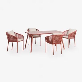 Conjunto De Mesa Retangular 160x90 Cm E 4 Cadeiras De Jantar Em Corda Trançada Arhiza Classic Terracota - Sklum