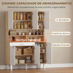 Armário de Cozinha Alto com 6 Portas e Grande Gaveta Prateleiras Bancada Ampla para Micro-ondas 120x40x175 cm Branco e Madeira