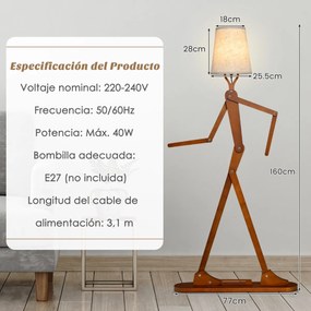 Candeeiro de pé alto com abajur de tecido mutável de figura humana ajustável 77 x 25,5 x 160 cm Natural