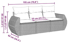 3 pcs conjunto sofás de jardim com almofadões vime PE preto