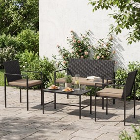 Conjunto de jardim de 4 peças em rattan para exterior: cadeiras, sofá, mesa de café em vidro temperado e almofadas macias; ideal para jardim, alpendre
