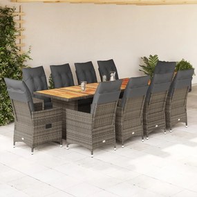 vidaXL 11 pcs conjunto bistrô de jardim c/ almofadões vime PE cinzento