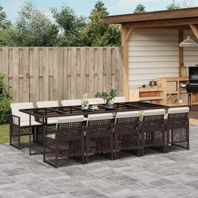 vidaXL 11 pcs conjunto jantar p/ jardim c/ almofadões vime PE castanho