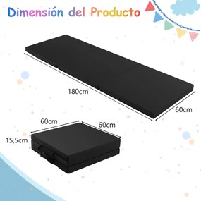 Tapete de exercícios portátil, leve e dobrável de 3 painéis com 2 pegas Ginástica compacta com enchimento de espuma EPE 180 x 60 x 5 cm Preto