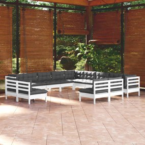 vidaXL 13 pcs conj. lounge de jardim c/ almofadões pinho maciço branco