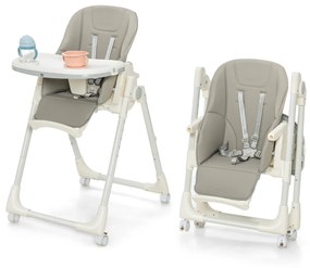 Cadeira refeição alta dobrável para bebés ajustável com 4 rodas traváveis ​​Almofada de bandeja removível de 6 alturas 70 x 56 x 88-106 cm Cinzento