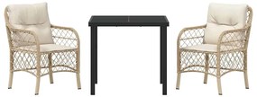 Conjunto de Jantar de Jardim 3 Peças com Almofadas Beiges em Rattan Si