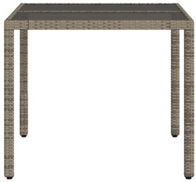Mesa de jardim com tampo de vidro 90x90x75 cm vime PE cinzento