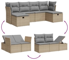 6 pcs conj. sofás jardim c/ almofadões vime PE bege misturado