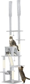 Árvore para gatos do chão ao teto, com arranhador, altura ajustável de 225 a 255 cm, 6 níveis e nicho com rede, cinza claro