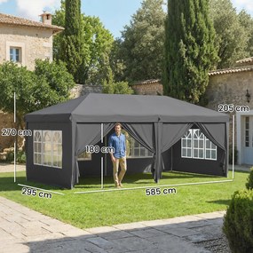 Tenda de jardim 3x6 m tipo Barnum dobrável com laterais removíveis, estrutura de aço reforçada e saco de transporte, cinzento escuro