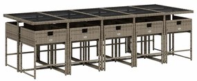 11 pcs conjunto jantar p/ jardim c/ almofadões vime PE cinzento