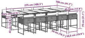 11 pcs conjunto jantar p/ jardim c/ almofadões vime PE cinzento