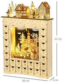 HOMCOM Calendário de Advento com Iluminação LED e 24 Gavetas de Contagem Regressiva Calendário de Advento de Madeira Decoração de Natal 36x9x52 cm Madeira