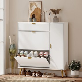Sapateira com capacidade para 12 pares 99,4 x 23,8 x 106,6 cm, 2 gavetas rebatíveis, 4 compartimentos, branco