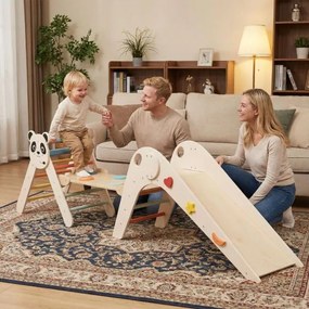Parque dobrável para escalada para crianças Montessori de escalada em madeira com tema de panda Ginásio interior com escorrega bege