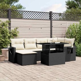 7 pcs conjunto de sofás p/ jardim c/ almofadões vime PE preto