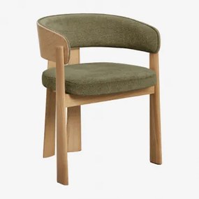 Cadeira De Jantar Com Braços Estofada E Em Madeira De Carvalho Olea Castanho Roble & Chenille Verde Army - Sklum