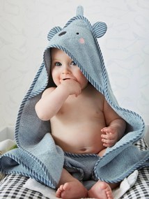 Capa de banho para bebé com capuz com bordado animais azul medio liso