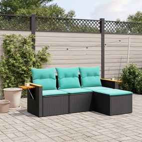 4 pcs conjunto de sofás p/ jardim c/ almofadões vime PE preto