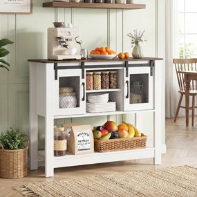 Aparador Armário de cozinha 102 x 32 x 82 cm com 2 compartimentos abertos, prateleira ajustável, portas de correr Branco+Castanho