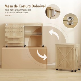 Mesa Dobrável para Máquina de Costura com Porta Magnética, 2 Compartimentos, Prateleira, 18 Suportes para Linhas e 5 Rodas, Madeira Natural