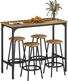 Conjunto de Móveis Altos de Bar com 5 Peças Mesa de Refeição Industrial e 4 Bancos Redondos Castanho Rústico e Preto