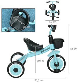 Triciclo para Crianças de 2 a 5 anos com Assento Ajustável Cesta Buzina e Pedais e 3 Rodas 70,5x50x58 cm Azul