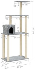 Árvore p/ gatos c/ postes arranhadores sisal 147cm cinza-claro
