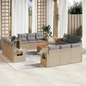 13 pcs conj. sofás jardim c/ almofadões vime PE bege misturado