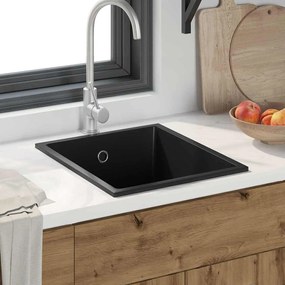 vidaXL Pia de Cozinha com Furo para Transbordamento em Granito Preto
