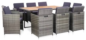 vidaXL Conjunto de 11 pcs de jantar no exterior com almofadões em vime PE cinzento