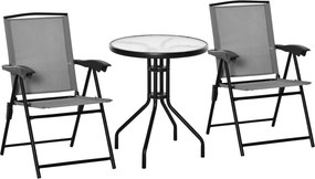 Conjunto de jardim de 3 peças: 2 cadeiras reclináveis com várias posições, dobráveis, mesa redonda em vidro temperado e metal, com revestimento em tex