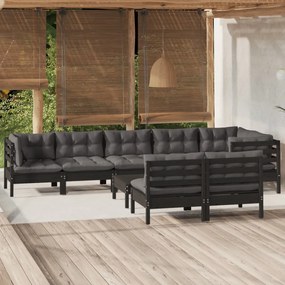 vidaXL 9 pcs conjunto lounge jardim c/ almofadões pinho maciço preto
