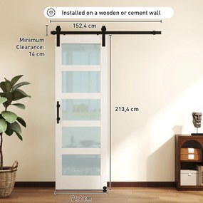 Porta de Correr com Ferragens 71x213 cm Porta de Correr Interior de MDF e Vidro Fosco com Rolo Trilho Guia de Chão Branco