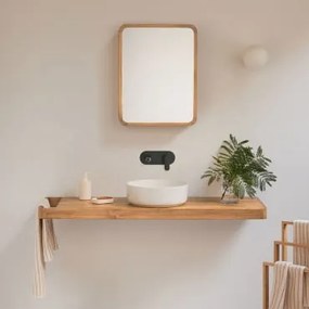Conjunto De Móvel De Casa De Banho 130x45 Cm Suspenso Em Madeira De Teca Neill Madeira De Teca & Cerâmica Redonda Branca Ø40 Cm Lenka & Preto Mate Emb