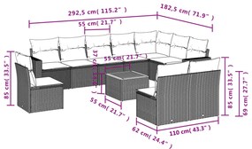 11 pcs conjunto sofás de jardim c/ almofadões vime PE bege