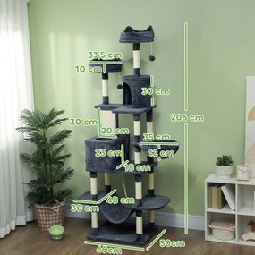Arranhador para Gatos Grande 60x50x206 cm Torre para Gatos com Plataformas Caverna Bolas Suspensa e Rede Cinza Escuro