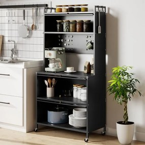 Armário de cozinha 80 x 40 x 160 cm de 5 níveis com suporte para micro-ondas com portas Armário para despensa com rodas Cinzento