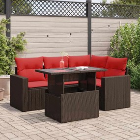 5 pcs conj. sofás jardim c/ almofadões vime PE/acácia castanho