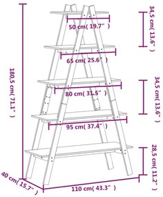 Estante c/ 5 prateleiras forma de A 110x40x180,5cm pinho maciço
