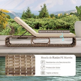 Espreguiçadeira de Jardim 185 x 65 x 26 cm om encosto ajustável, almofada e espaço de arrumação para piscina, pátio e jardim Cor do rattan PE: Castanh
