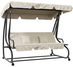 Outsunny Banco Baloiço de Jardim 3 Lugares Convertível em Cama com Toldo Ajustável e 2 Almofadas  200x120x164 cm Creme | Aosom Portugal