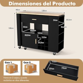Carrinho de cozinha móvel 2 em 1 com garrafeira e Gaveta 120 x 40 x 100 cm Preto